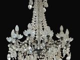 a crystal chandelier hanging from a black ceiling