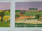 painting of a farm scene with people and animals in a field