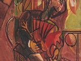 painting of a man sitting in a chair holding a fan