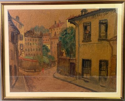tableau représentant une scène de rue avec des bâtiments et un bateau sur l'eau