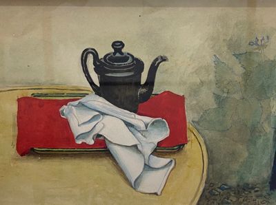 a painting of a teapot and a napkin on a table