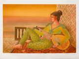 un tableau représentant une femme jouant de la guitare, assise par terre
