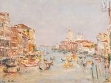 painting of a view of a canal with boats and buildings