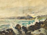 une image représentant un tableau où l'on voit des vagues se briser sur des rochers