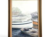 un tableau représentant un bateau et un bateau sur l'eau