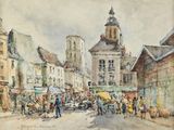 un tableau représentant une scène de rue avec des personnages et des bâtiments