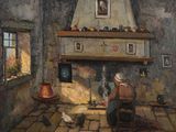 un tableau représentant un homme et une femme assis devant une cheminée