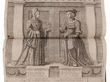 an old book with a drawing of two women standing next to each other