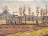 an oil painting of a farm scene with a barn and trees