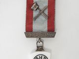 a close up of a medal with a hammer on it