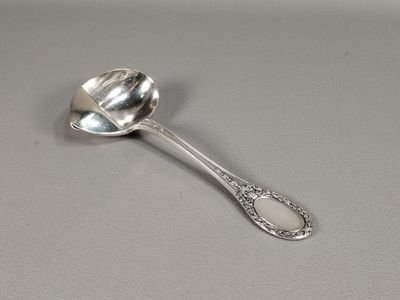 a silver spoon with a spoon handle on a table