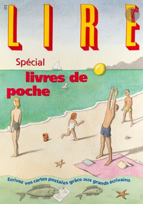 a picture of a magazine cover with people playing on the beach