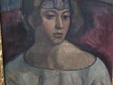 tableau représentant une femme en robe blanche, un bandana sur la tête