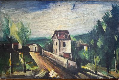 painting of a painting of a house on a hill with trees in the background