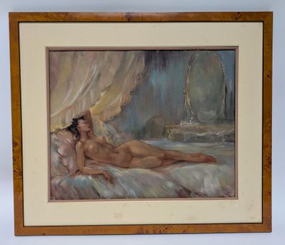 an oil painting of a nude woman laying on a bed with a mirror in the background