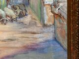 an oil painting of a group of people sitting on a sidewalk