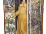painting of a woman in a yellow dress looking out of a window