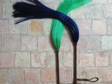 un oiseau vert et noir avec une longue queue sur un mur de briques
