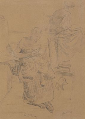 drawing of a woman sitting in a chair with a man standing behind her