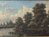 painting of a river scene with cattle grazing in the distance