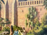 painting of a painting of a woman in a pool with a castle in the background