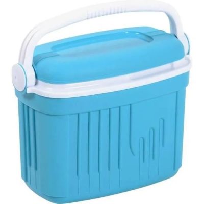 boîte à repas en plastique bleue et blanche avec une poignée, sur fond blanc