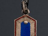 a picture of a medal with a blue and red stripe on it