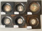 six framed miniature portraits of women and children in black frames