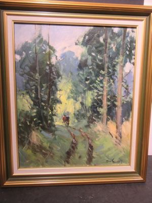 painting of a man on a horse in a wooded area with trees