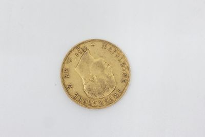 a close up of a gold coin on a white surface