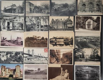 many pictures of old buildings that are on the wall