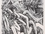 une image représentant un dessin d'un groupe de personnes sur un bateau