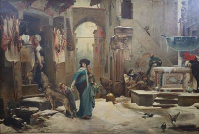 un tableau représentant une femme en robe bleue marchant dans une cour
