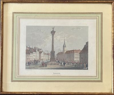 painting of a city square with a clock tower in the background