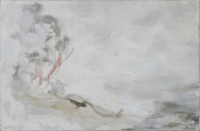 une peinture à l'huile représentant une personne sur une planche de surf dans l'eau