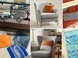 many different pictures of a living room with a couch and a chair