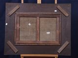 an old wooden easel with a window on a blue background