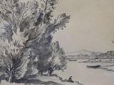 a watercolor painting of a boat on the water