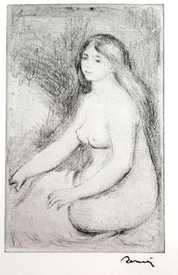 a black and white drawing of a woman sitting on the ground