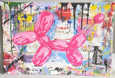 tableau représentant un chien en ballon rose surmonté d'un gâteau d'anniversaire
