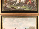 deux tableaux représentant des hommes à cheval et des chiens dans un décor boisé