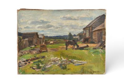 une image représentant un tableau dépeignant une scène de vie à la ferme avec un cheval