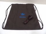 a brown drawsack bag with a blue logo on it