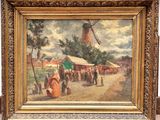 an oil painting of a village scene with a windmill in the background