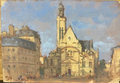 un tableau représentant un bâtiment surmonté d'une tour horloge