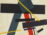 une image représentant un tableau avec des lignes noires, rouges, bleues et jaunes