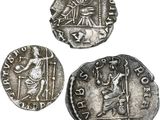 three silver coins of the roman empire with a woman holding a sword