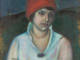 une peinture à l'huile représentant une femme portant un chapeau rouge et une chemise blanche