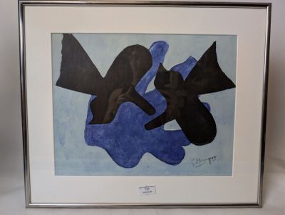 framed picture of a blue and black abstract painting on a white background