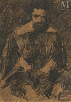 drawing of a man sitting in a chair with his hands on his knees